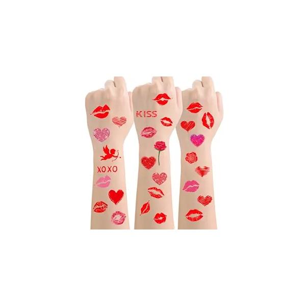 Valentine's Day Red Lip Heart Temporary Tattoos Stickers, Pink Print Sexy Kiss Face Love Cupid Rose Bouquet Waterproof Fake Tattoo Stickers Body Decorations for Party Supplies 51 Pcs