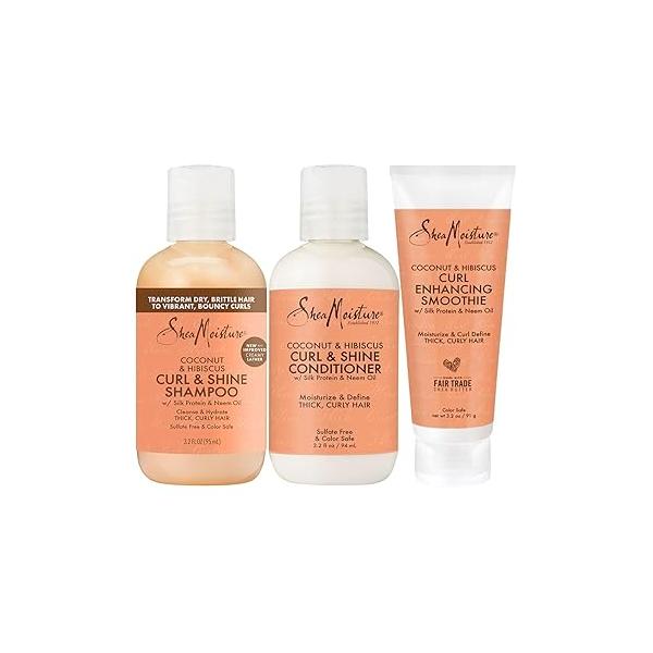 SheaMoisture Curl & Shine Shampoo, Conditioner Enhancing Smoothie, Travel-Size - Coconut Hibiscus Curly Hair Products for Shiny Frizz Control, 3.2 Oz Ea (3 Piece Set)