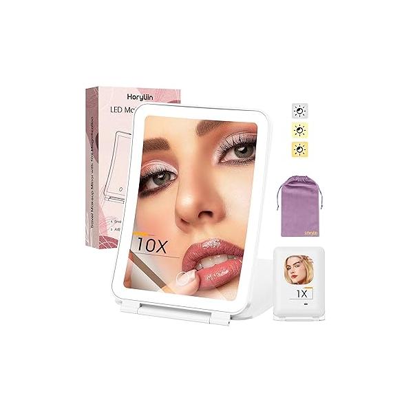 Travel Makeup Mirror with Lights and Magnification, 10X/1X Magnifying Vanity 3 Colors & Brightness Adjustable, 2000 mAh Rechargeable Lighted Compact Mirror, Women Gift(Pink)