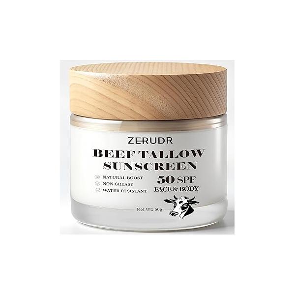 Beef Tallow Sunscreen: SPF 50 non toxic sunscreen, & Zinc Oxide Sunblock Non-Greasy Reef Safe formula 60g