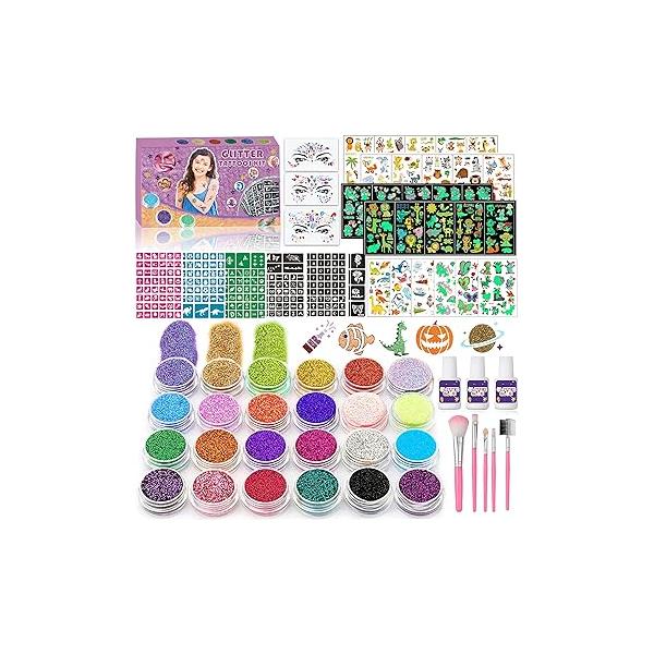 TEUVO Kids Glitter Tattoo Kit with 24 Colors, 232 Stencils, 3 Face Jewel Stickers, 5 Brushes, Glue, 100+ Colorful & Glow-in-the-dark Temporary Tattoos Stickers for Halloween Birthday Festival