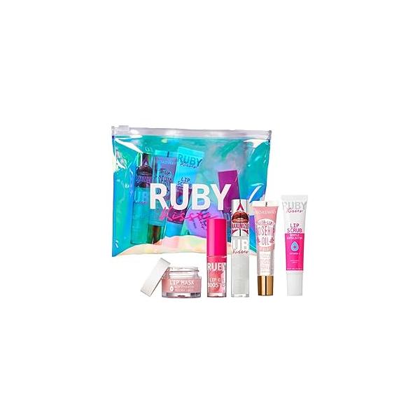 Ruby Kisses Value Lip Care Travel Kit With Rosehip Oil Clear Gloss, High Shine Plumping Pink Booster, Exfoliating Scrub, Hydrating Intensive Mask + Holographic Makeup Bag