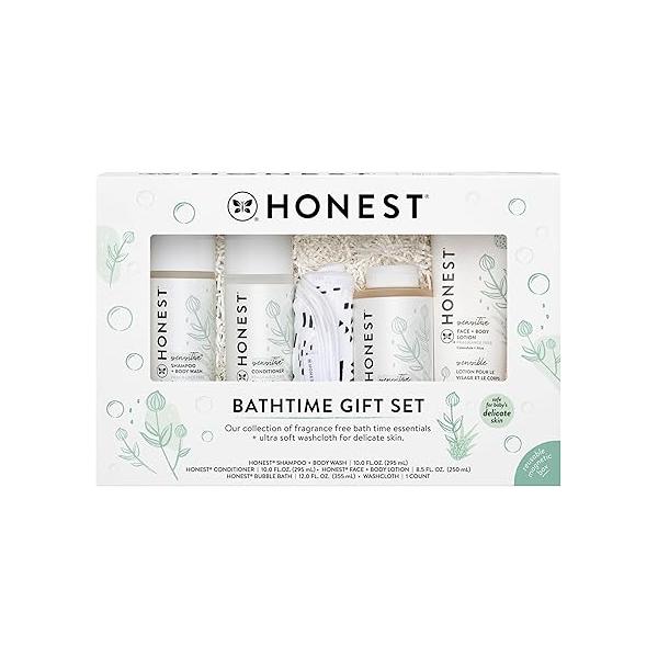 The Honest Company Fragrance Free Bathtime Gift Set | Hypoallergenic Bath Essentials for Sensitive Skin Shampoo + Body Wash, Face Lotion, Bubble Bath, Conditioner, Wash Cloth