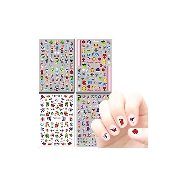 Cute Cartoon Nail Art Stickers 3D Self Adhesive Decals Anime Kawaii Sticker Designer Supplies for Boys Kids Girls Manicure Tips Party Decoration (4 Sheets)