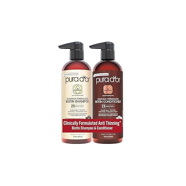 PURA D'OR Professional Grade Clinically Formulated Biotin Shampoo & Conditioner For Hair Thinning - 2X Concentrated Proprietary Herbal Blend Thickening Products Women Men, Sulfate Free, 16oz x2