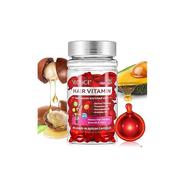 Hair Vitamin Serum, Treatment Serum Oil Capsules, Enriched with A C E B5, No Rinse Moroccan/Macadamia/Avocado for Repair, Moisturizing, Women & Men-40 Pcs