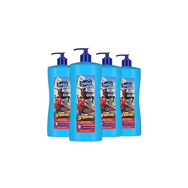 Suave Kids 3 in 1 Shampoo Conditioner Body Wash For Tear-Free Bath Time, Fresh Spider-Sense, Dermatologist-Tested Formula 28 oz, Pack of 4