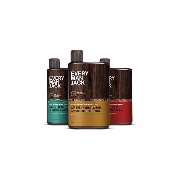 Every Man Jack Men's Body Wash Variety Pack - Includes 3 Washes with Natural Ingredients & Incredible Scents Amber + Sandalwood, Cedar Red Sage, Sea Minerals Citron Fragrances (3 Pack)