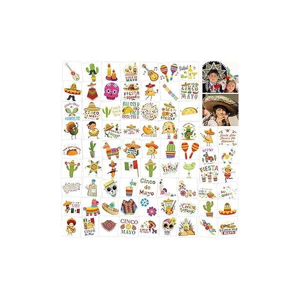 Cinco De Mayo Mexican Fiesta Temporary Tattoos Face Body Stickers 75pcs Party Favors for Kids Decorations Supplies