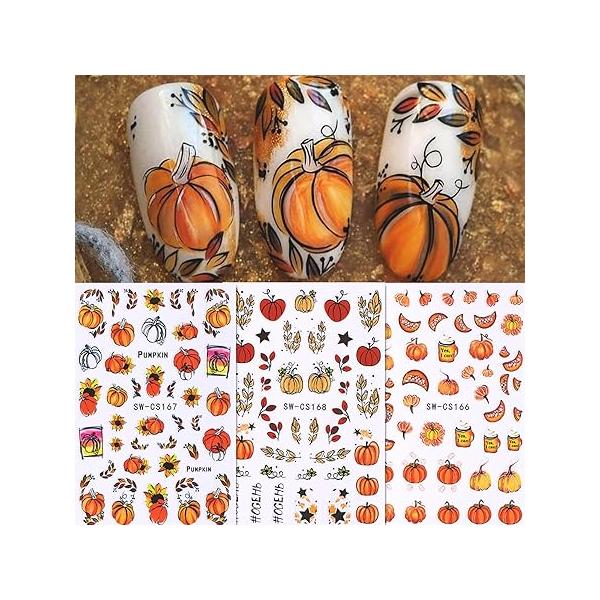 Fall Nail Stickers 6 Sheets Thanksgiving Art Decals Pumpkin Maple Leaves Designs Autumn 3D Self Adhesive Supplies for Women Manicure Decoration