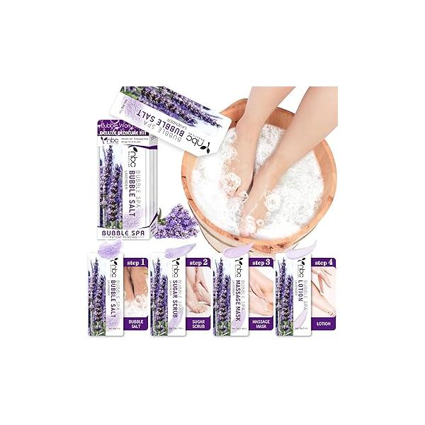 Pedicure Kit Foot Soak Set: Bubble Salt, Sugar Scrub, Massage Mask, Lotion in a Box, 4 Step Spa for Dry Feet,Tired Feet(1 Set Lavender)