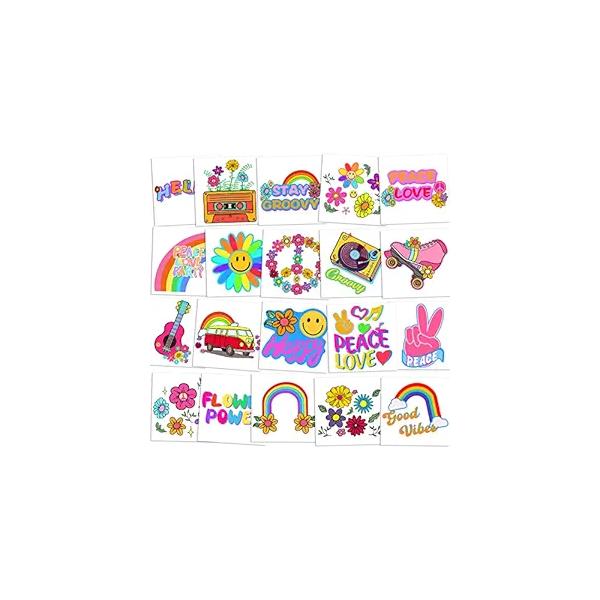 Groovy 70s Temporary Tattoos Individually Bulk,Flower Power Daisy Floral Birthday Party,Good Vibes Rainbow Favors Goodie Bag Halloween Makeup Costume