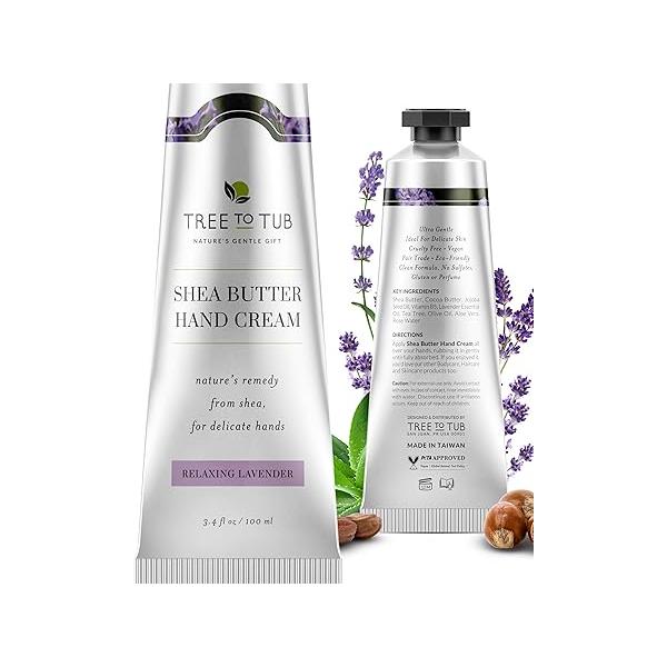 Tree to Tub Shea Butter Hand Cream for Dry Cracked Hands - Moisturizing Sensitive Skin Lotion Women & Men, Non-Greasy Vegan Moisturizer w/Organic Cocoa, Aloe Vera, All Natural Lavender