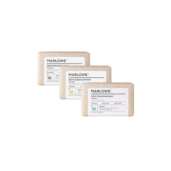 MARLOWE. No. 102 Men's Body Scrub Soap 7oz (Variety Trio) Best Exfoliating Bars for Men, Made with Natural Ingredients, Green Tea Extract, Features 3 Amazing Scents