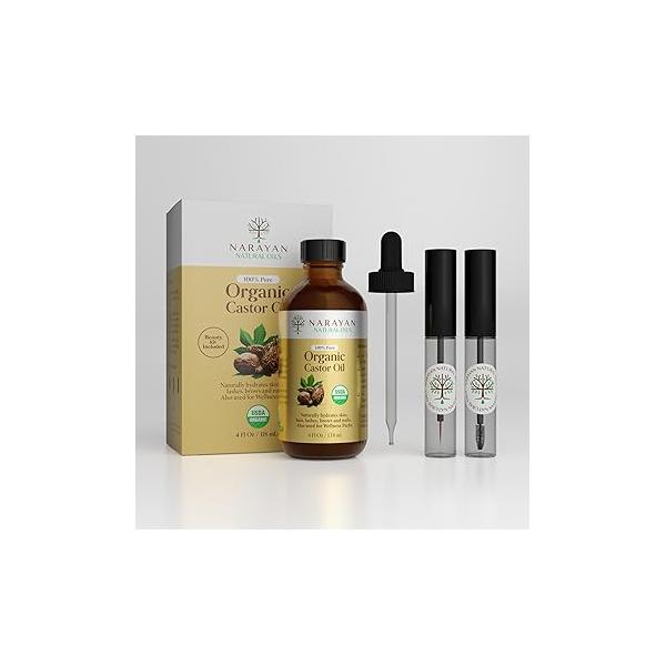 Narayan Organic Castor Oil (4 Fl Oz GLASS BOTTLE) USDA Certified Natural Hexane Free Cold Pressed — For Hair Growth, Eyelashes, Eyebrows & Skin Extraordinary for Wellness Packs Includes Beauty Kit