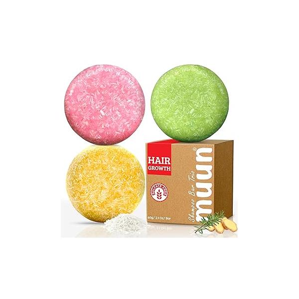 Muun Ginger Rosemary & Rice Water Shampoo Bar Pack 3 - Hair Growth, Thickening, Strengthening, Anti Loss, Volumize pH Balanced Sulfate Silicone Free For All Type