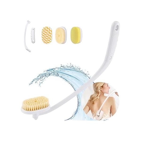 Celestite 20” Long Handle Shower Brush for Body, Back Scrubber with 3 Pcs Heads, Exfoliation and Improved Skin Health Suitable Women, Men, Elderly (White)