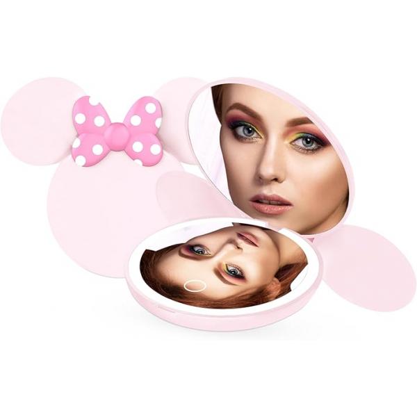 Impressions Vanity Minnie Mouse Shape LED Compact Mirror for Purse, Double Sided Travel Lighted Makeup with 2X Magnification, Soft Touch Sensor, Adjustable Brightness, and Pink Polka Dot Bow