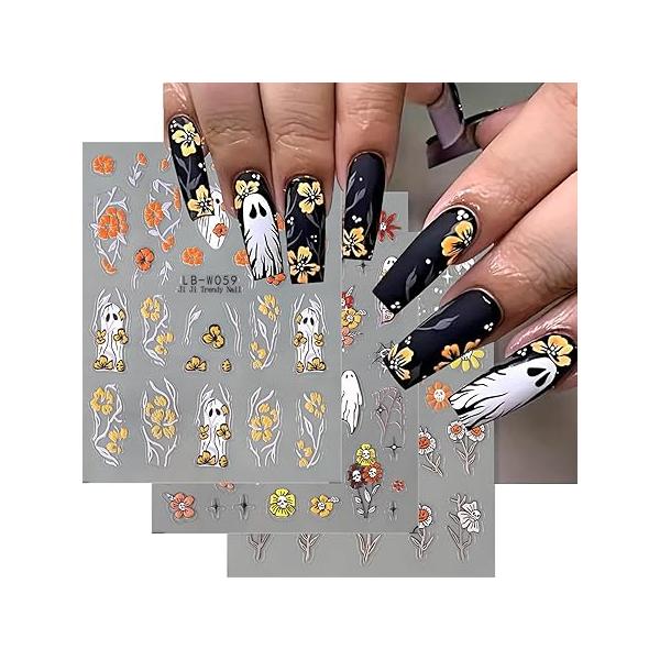Halloween Nail Stickers Ghost Decals 5 Sheets Self Adhesive Art Ghosts Flower Skull Spider Designs Supplies for Women Decorations Accessories