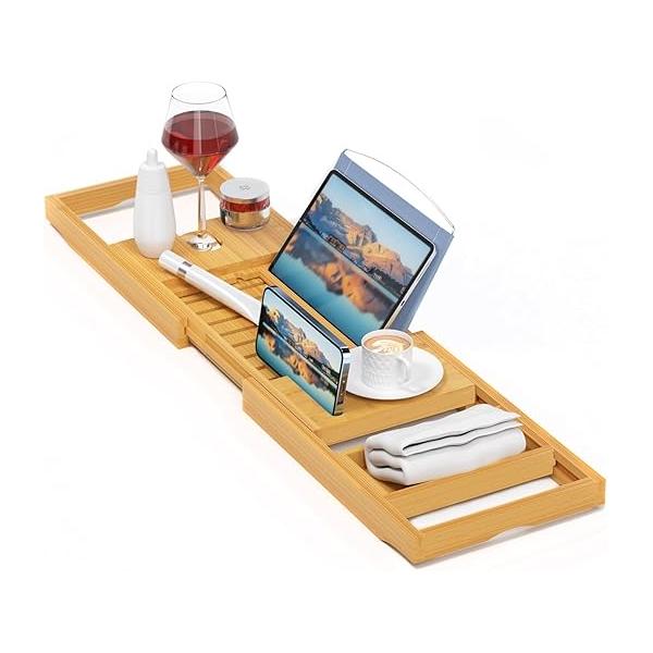 Luxury Bathtub Caddy Tray,Bamboo Tray - Wood Bath Expandable,Can be Placed Book and Integrated Tablet Smartphone Wine Holder Gift Idea for Loved Ones