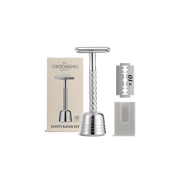 Double Edge Safety Razor for Women with Silicone Cover & 10 Blades Travel Metal Eco-Friendly Reusable Single Blade Shaving (Rose Gold)