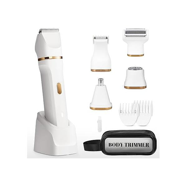 Electric Bikini Trimmer for Women - 5 in 1 Rechargeable Razors Women, IPX7 Waterproof Pubic Hair Trimmer, Painless Womens Body Shaver, Facial Razor & Nose White
