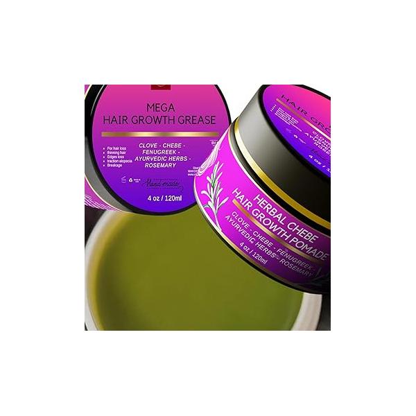 CHEBE MAGIC HAIR GROWTH GREASE, with Organic Chebe from Chad, Rosemary, Moringa leaf and Ayurvedic herbs. Stimulate scalp for Rapid Growth. For All Hair Types 4 oz (120ml)