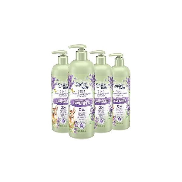 Suave Kids Natural Lavender Oil 3-in-1 Tear Free, Body Wash, Shampoo and Conditioners, No Sulfates, Parabens, Silicones, Dyes, 16.5 Oz Pack of 4
