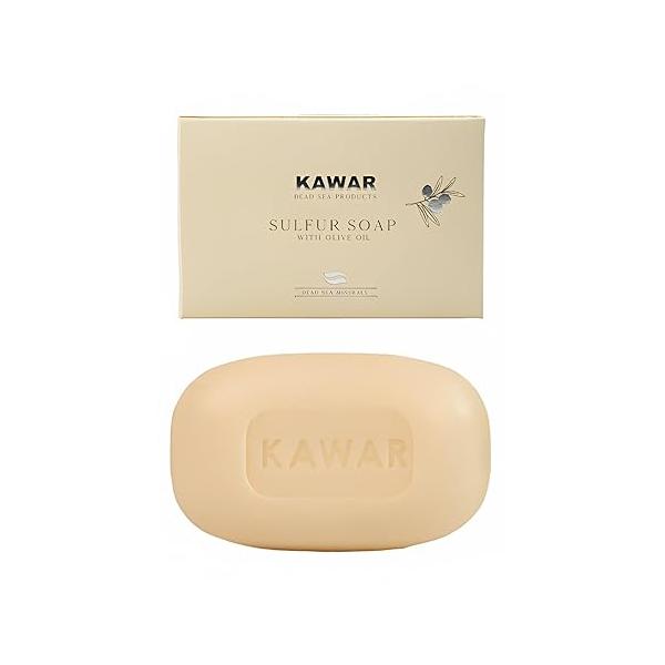 KAWAR Dead Sea Sulfur Soap with Olive Oil, Relief Skin Conditions Such as Acne, Psoriasis, Eczema & Blackheads, for Oily to Normal Skin, Vegan Bar Men Women, 4.2 oz