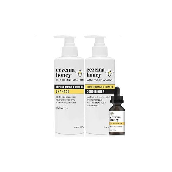 ECZEMA HONEY Scalp Kit - Natural Anti Dandruff Shampoo, Conditioner, & Oil for Flakes Argan Tea Tree Hair Eczema Treatment Helps Psoriasis, Seborrheic Dermatitis, More