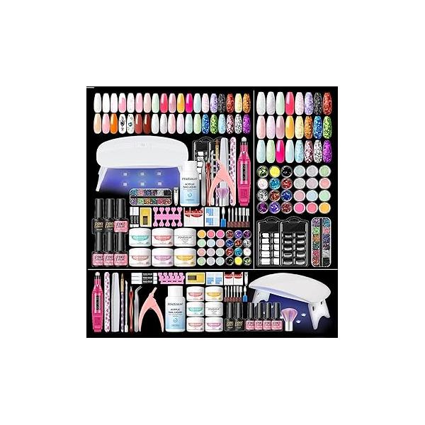 Acrylic Nail Kit for Beginners with Drill and U V Light 6 Colors Powder Clear Nude Pink 4PC Gel Polish 24PC Glitter Powders Rhinstones Nails Set Gifts Women
