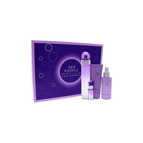 Perry Ellis 360 Purple Women 3.4oz EDP Spray, 7.5ml Mini 4oz Body Mist, 3oz Shower Gel 4 Pc Gift Set