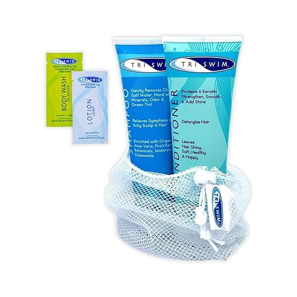 TRISWIM Hair Care Gift Set | Chlorine Shampoo and Conditioner for Swimmers, 8.5 fl oz Paraben-Free with Aloe Vera Chamomile Restores Chlorine-Damaged Includes Body wash & Lotion Samples