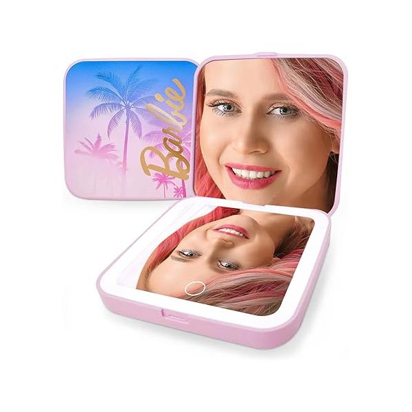 Impressions Vanity Barbie Beach Dreams Compact Mirror for Purses, Travel Lighted Makeup with 2X Magnification, Soft Touch Sensor, Adjustable Brightness, and Gradient Artwork