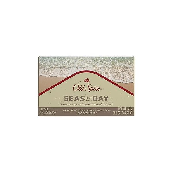 Old Spice Men's Bar Soap, Seas The Day Eucalyptus and Coconut Cream Scent, 10x More Moisturizers for Smooth Skin with Mild Exfoliators & Plant Based Cleansers, 5.0 oz