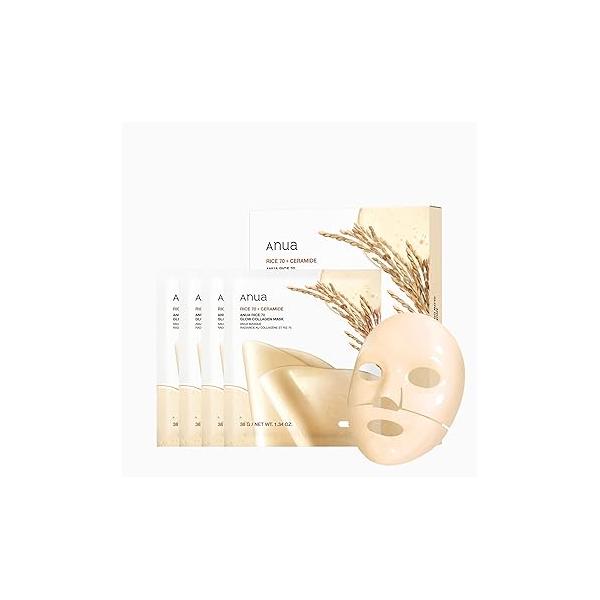 ANUA Rice 70 Glow Collagen Mask, Overnight Face Mask for Glass Skin, Ceramide, Facial Skin Moisture Barrier, Tightening Care, Natural Color, Korean Care (38g, 4ea)