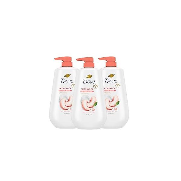 Dove Body Wash 3 Count Rebalance White Peach & Rice Milk For 24hr Lotion-Soft Skin Moisturizing Cleanser with No Sulfates Parabens