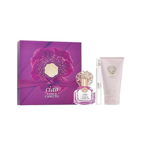 Vince Camuto Ciao 3 PC Gift Set for Women, Fruity Floral Scent, Stocking Stuffer, Christmas Her, Eau de Parfum 3.4 Fl Oz + 0.34 Travel Spray 5 Body Cream