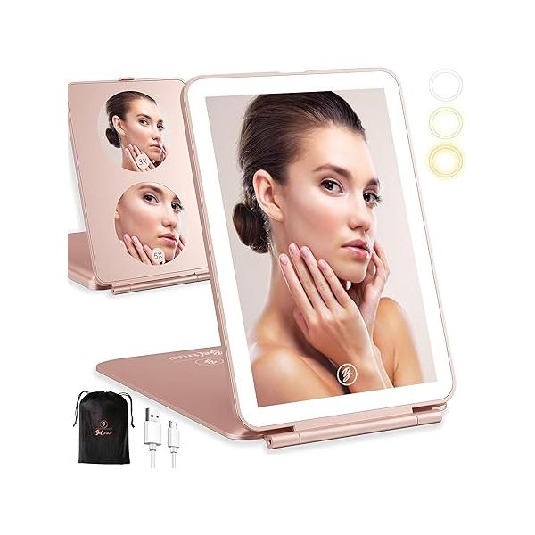 Vanity Mirror with Lights | 1000 MAH Rechargeable Travel Makeup Light 3 Color Modes Magnifying 1x, 3X & 5X Portable 72 Led Storage Bag (Rose Gold)