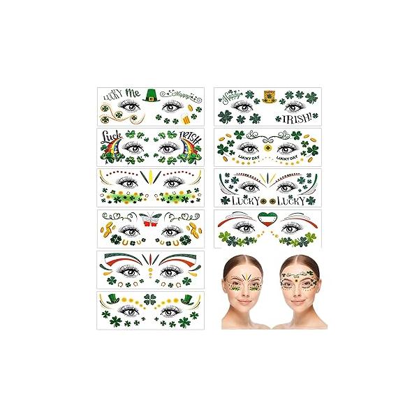HOWAF 10 Sheets St Patrick's Day Face Tattoo Stickers,Shamrock Clover Facial Makeup Sticker Eye Tattoos for St. Party Accessory, Irish Green Glitter Art Temporary