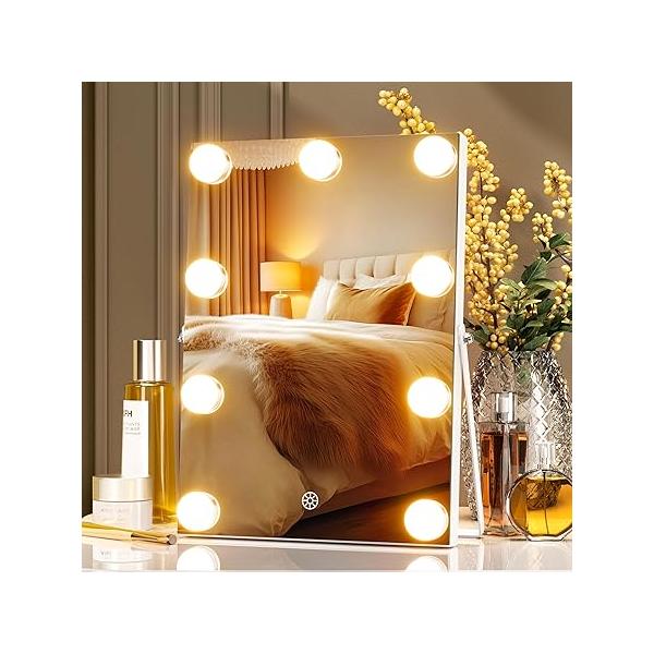 Hasipu Vanity Mirror with Lights, 9.8" x 13.8" Hollywood Mirror, Makeup 9 Dimmable Bulbs, Smart Touch 3 Colors Dimmable, 360ยฐ Rotation, White