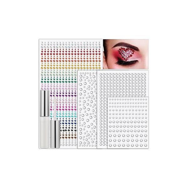 Face Glue with Eye Gems Stickers, 1702 Pieces Self Adhesive Rhinestones Stick on Jewels Hair for Body Nail Art Makeup Crafts