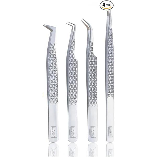 HADIZ Fiber Tip Lash Tweezers Set Of 4 Eyelash Extension Tweezer Professional Anti Slip Diamond Grip Japanese Steel