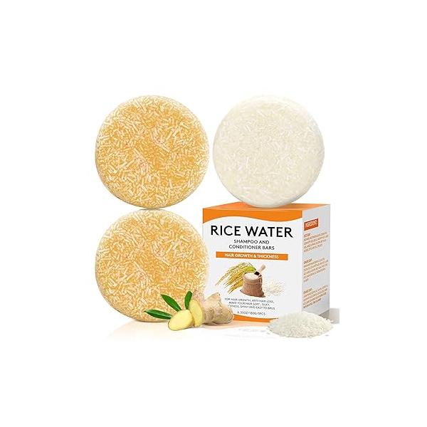 Rice Water Shampoo Bars and Conditioner Set for Hair Growth, Organic Ginger Bar Anti-Hair Loss, Strengthening & Nourishing Soap, PH Balanced, Paraben Free Silicone