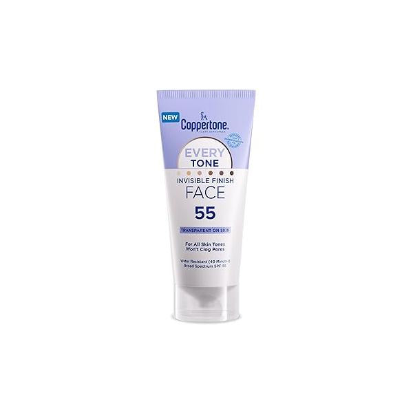 Coppertone Every Tone Invisible Finish Face Sunscreen Lotion SPF 55, Lightweight, Blends in Clear for All Skin Tones, 2 Fl Oz Tube