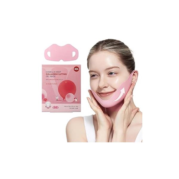 ROUND LAB Camellia Deep Collagen V Lifting Gel Mask 4EA | Double-chin Mask, Instant Cooling & Depuffing, Face Toning Belt, V-line, Improves Sagging Skin, Firming 10g/0.35oz