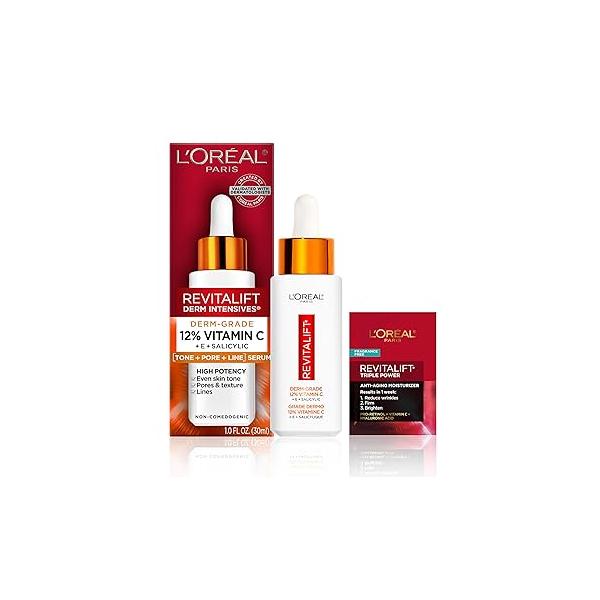 L'Oreal Paris Revitalift 12% Pure Vitamin C Serum, Brightening Serum For Face with E, Salicylic Acid, 1 oz + Moisturizer Sample