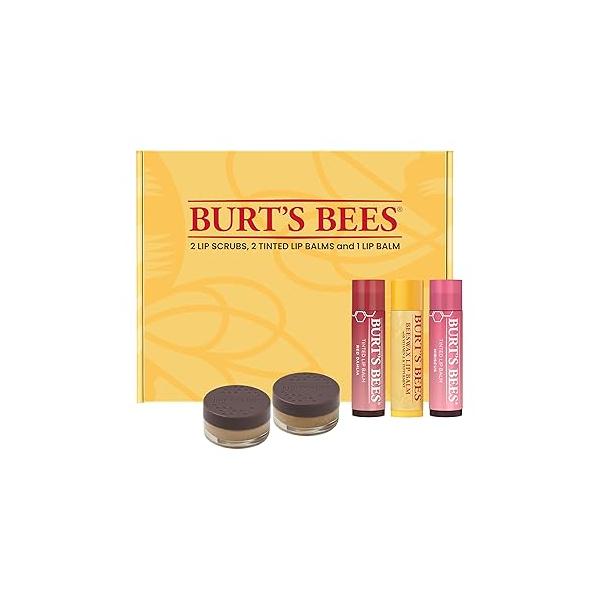 Burt's Bees Lip Care & Color Gifts Kit - Original Beeswax Moisturizing Balm, Hibiscus Red Dahlia Tinted Stain + Balm Duos, Conditioning Scrub Overnight Sleeping Mask Exfoliator