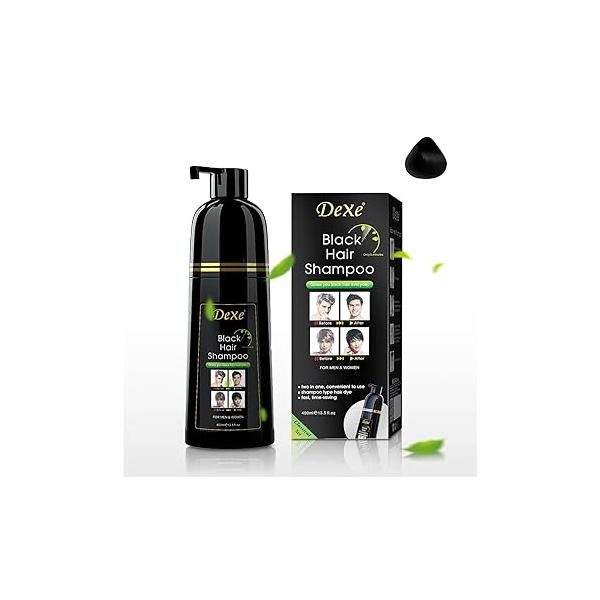 DEXE Black Hair Dye Shampoo for Gray Coverage,Hair Color Men/Women,3 in 1-100% Grey Cover,Permanent Shampoo,Herbal Ingredients and Ammonia Free,400ML(14 Fl oz)