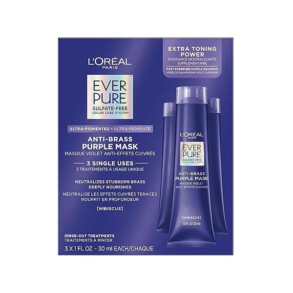 L'Oreal Paris EverPure Ultra Pigmented Anti Brass Purple Rinse-Out Mask for Bleached, Blonde or Highlighted Hair, 3 Ounce